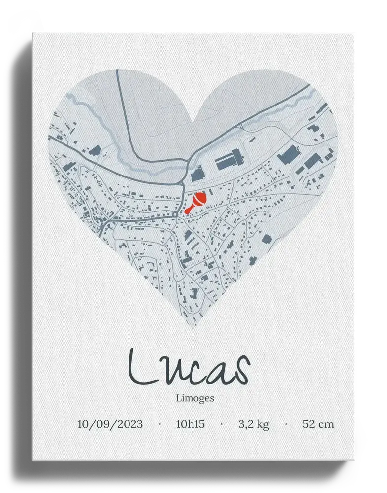 Toile de naissance avec plan de ville en cœur gris, repère rouge, prénom et données de naissance