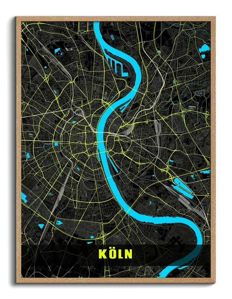 Plan de Cologne encadré en bois naturel, avec le Rhin turquoise et des rues jaune fluo sur fond noir