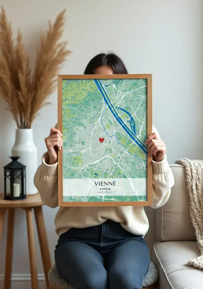 Affiche de plan de ville personnalisée en vert et bleu avec un cœur, encadrée en bois naturel devant un canapé
