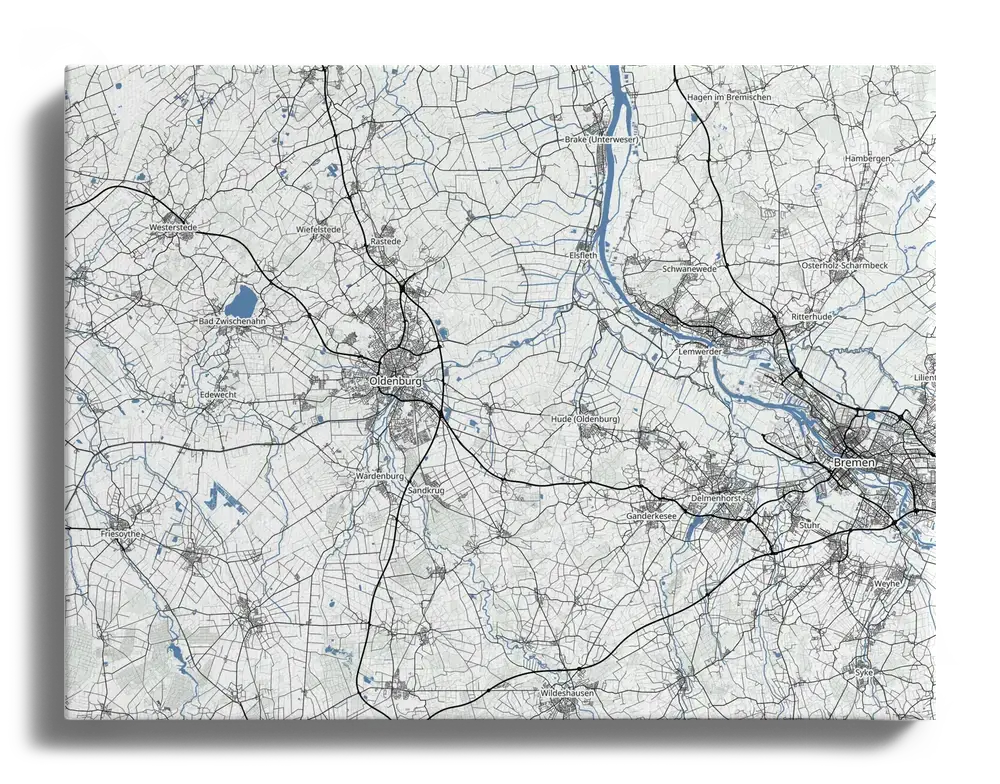 Carte géographique personnalisée sur toile, sans bordure, avec routes grises et cours d’eau bleus