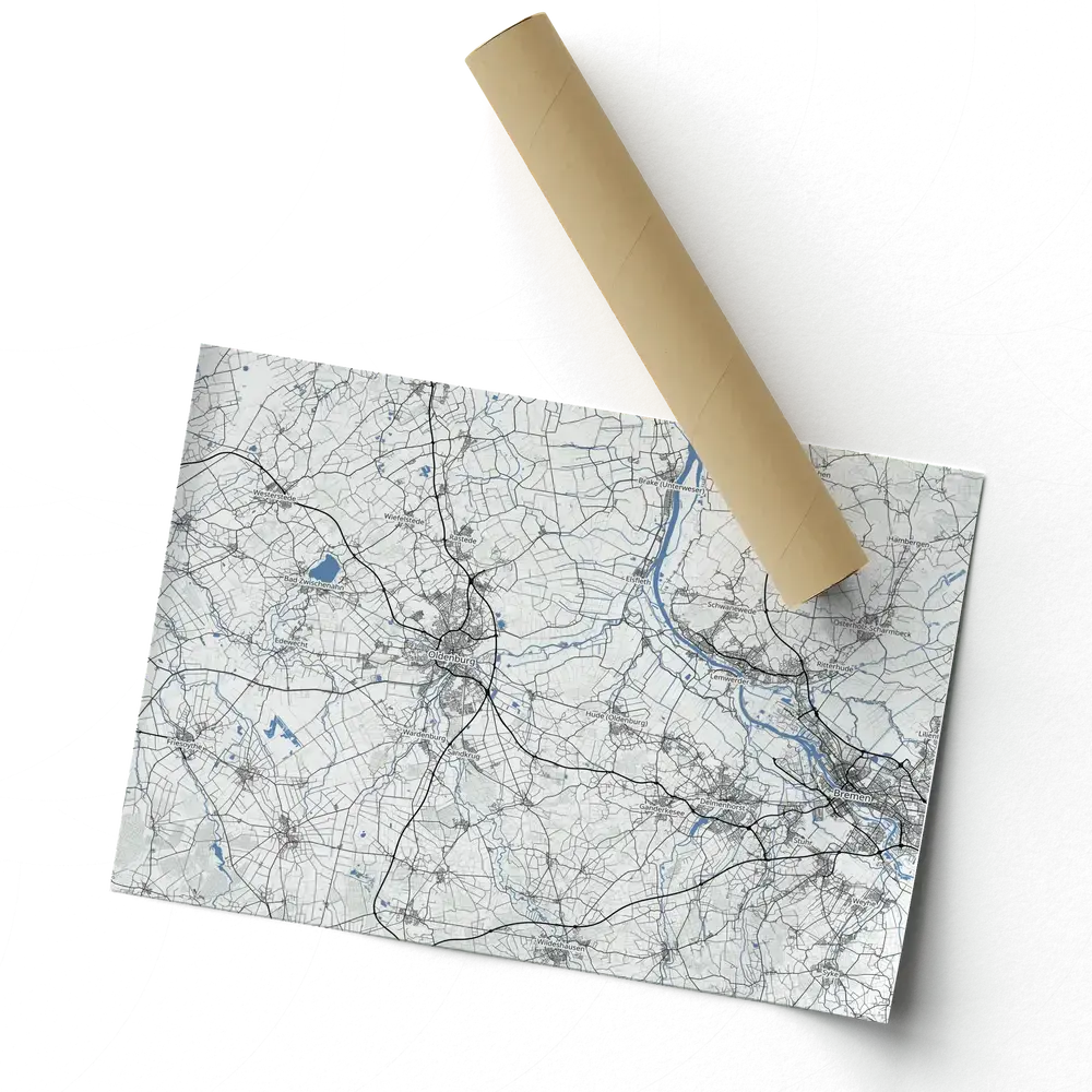 Affiche de carte personnalisée aux routes grises et rivières bleues, présentée en biais avec un tube d’expédition