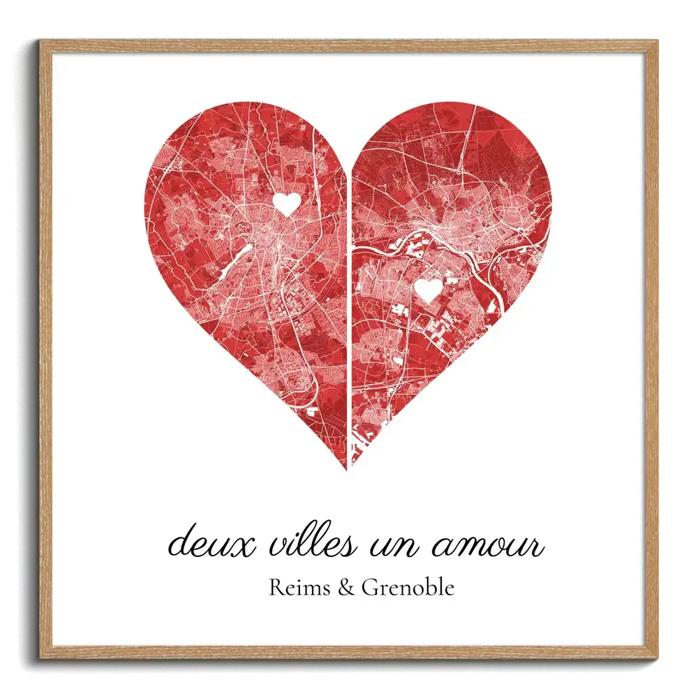 Affiche de deux plans de ville réunis en cœur rouge, avec repères en cœur et texte personnalisé, dans un cadre en bois