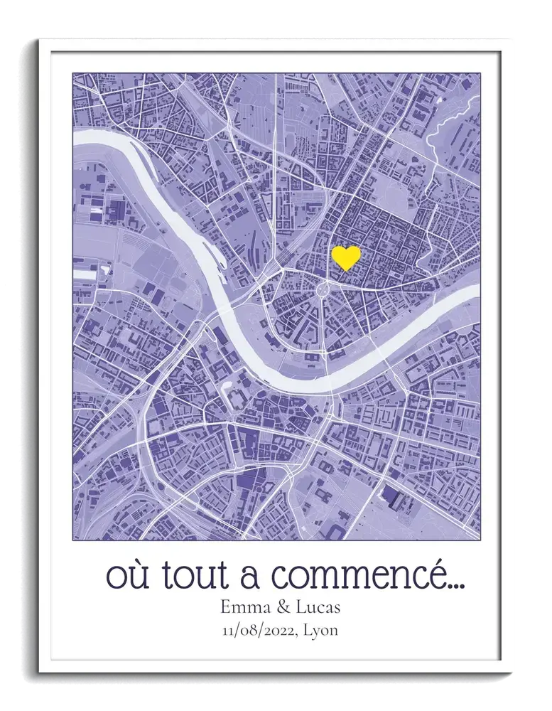 Carte de ville violette avec cœur jaune, encadrée en blanc, cadeau personnalisé pour un couple.