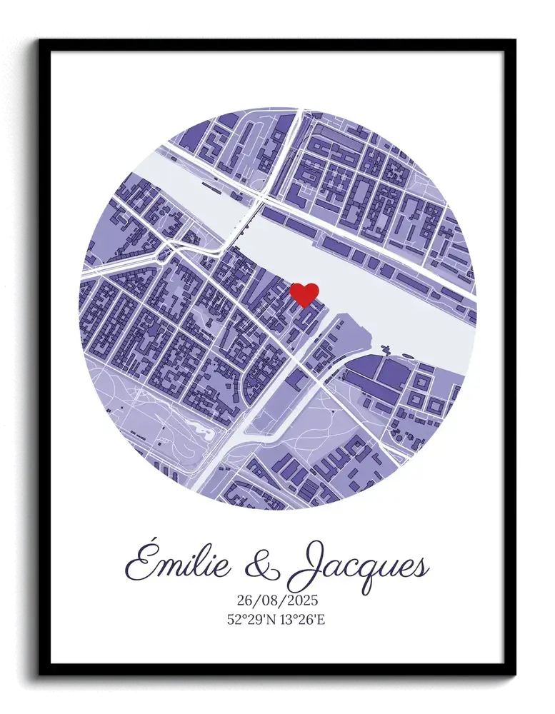 Affiche du lieu de mariage avec carte ronde violette et cœur, encadrée en noir, cadeau pour les mariés