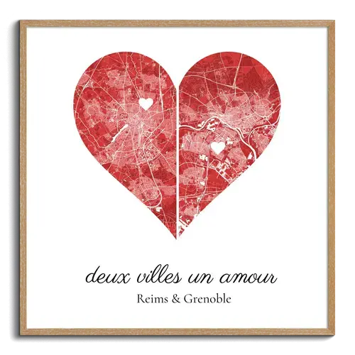 Carte personnalisée en cœur : Deux villes, un amour - Pour couples en relation à distance